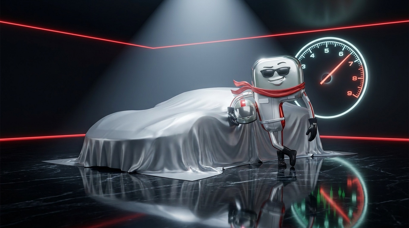 Racer P leaning on the silk-covered Ponsche in the showroom