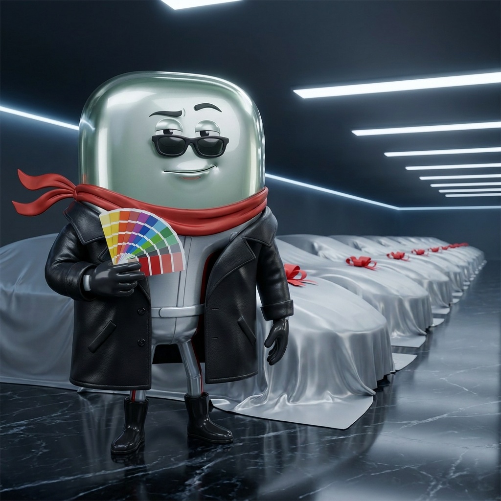 The Whale reviewing color swatches beside a row of covered Ponsches, all his