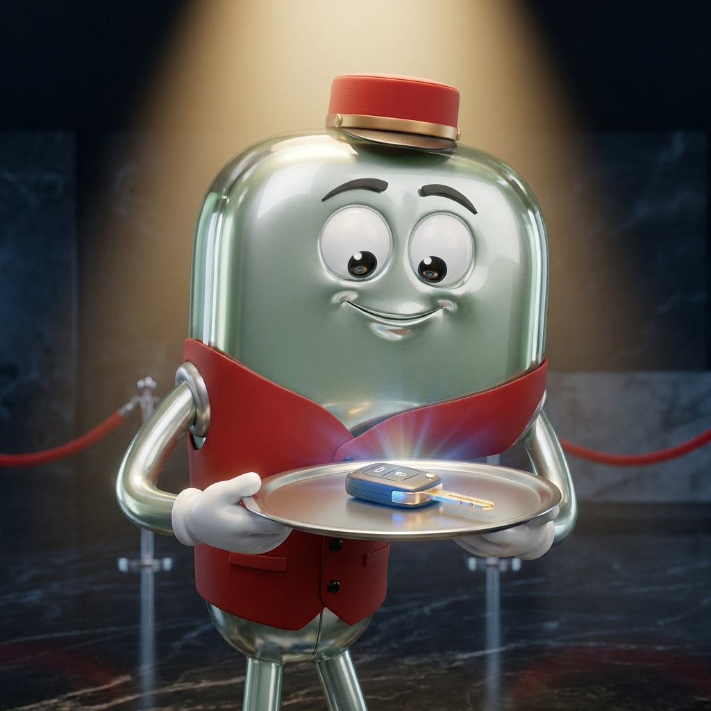 The valet presenting the Ponsche key on a silver tray, still forbidden from touching it